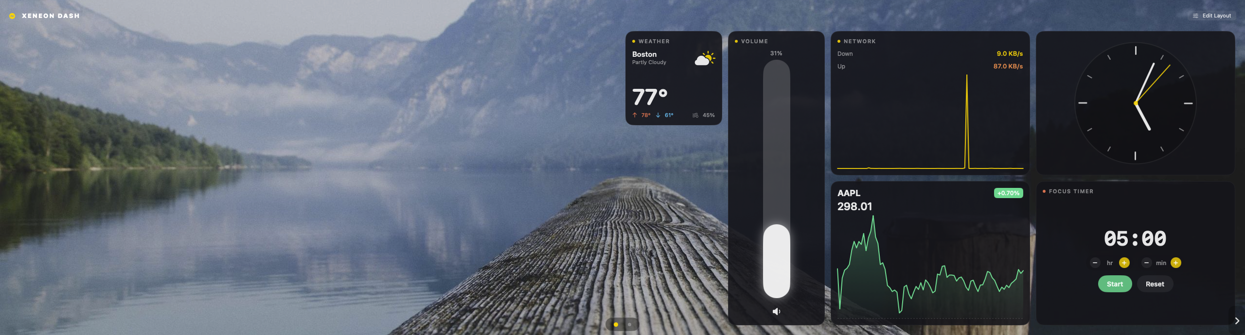 The Dash Pro dashboard showing weather, system volume, network graph, a stock chart, an analog clock and a focus timer over a wallpaper
