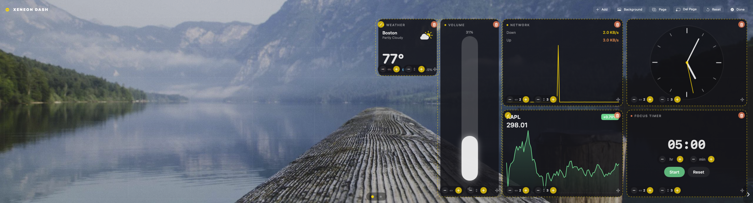 Dash Pro in edit mode with the grid overlay and per-widget controls