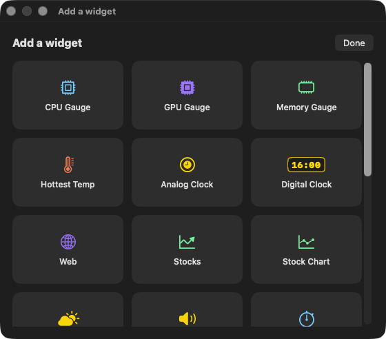 The Add a widget palette showing the catalog of available widgets